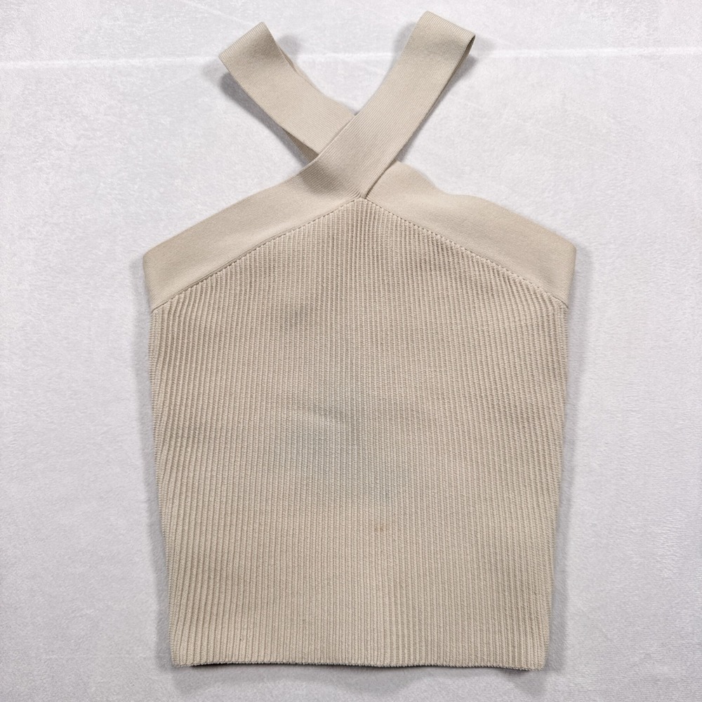 ARITIZIA BABATON Women's Size XS Cream Ribbed Knit Criss Cross Halter‎ Neck Top